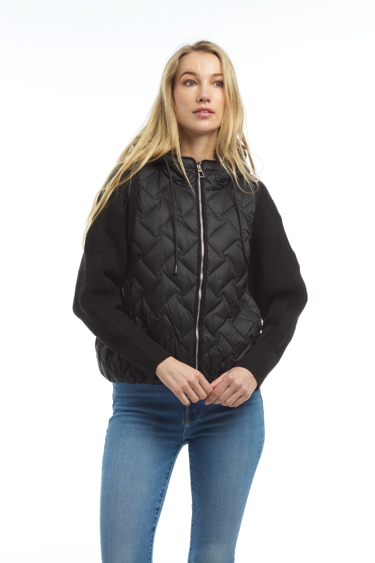 Down Hooded Puffer w/ Knit Sleeves